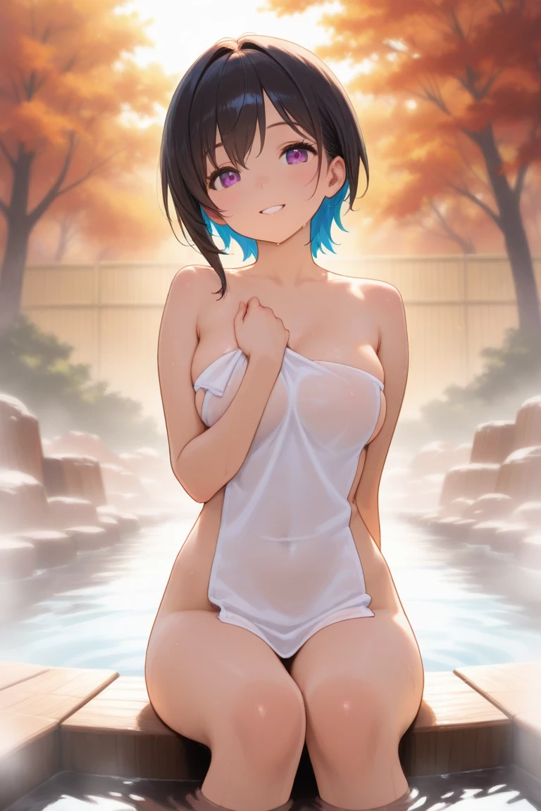 ((highest quality)), ((masterpiece)),Perfect Face,Strong light,With front light,Fully nudesding side by side in a hot spring,