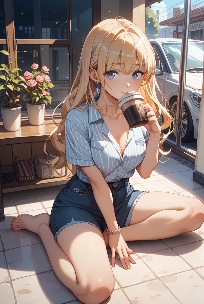 ((Best Quality)), ((masterpiece)), (detailed), 1 girl, off shoulder sweater, blond hair, big chest, big butt, waist width wide, (coffee shop), sitting, crossed legs