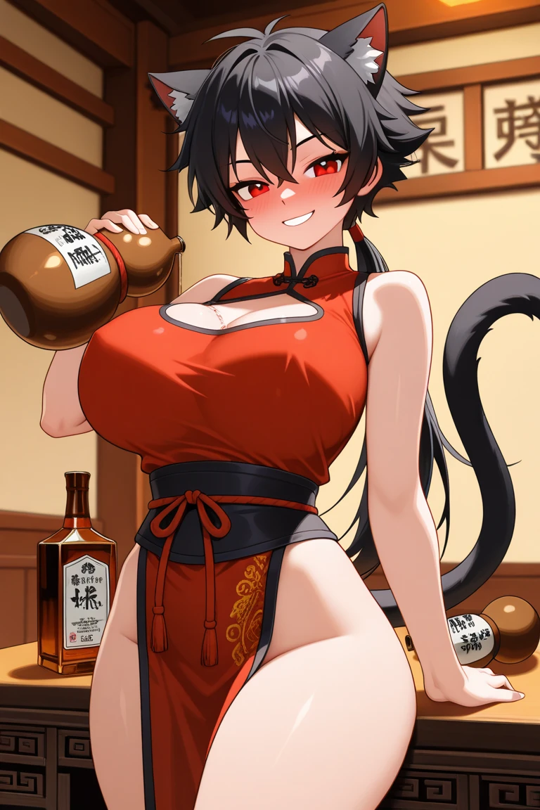 score_9,score_8_up,score_7_up,rating_explicit, source_anime, 1girl, solo, yor_briar, sagging breast, flashing tits, excited, looking at viewer, spiked choker, posing in bar, smug face, horny, drunk, inviting to join, microbikini, succubus, horns, red skin, puffy nipples, tiefling woman