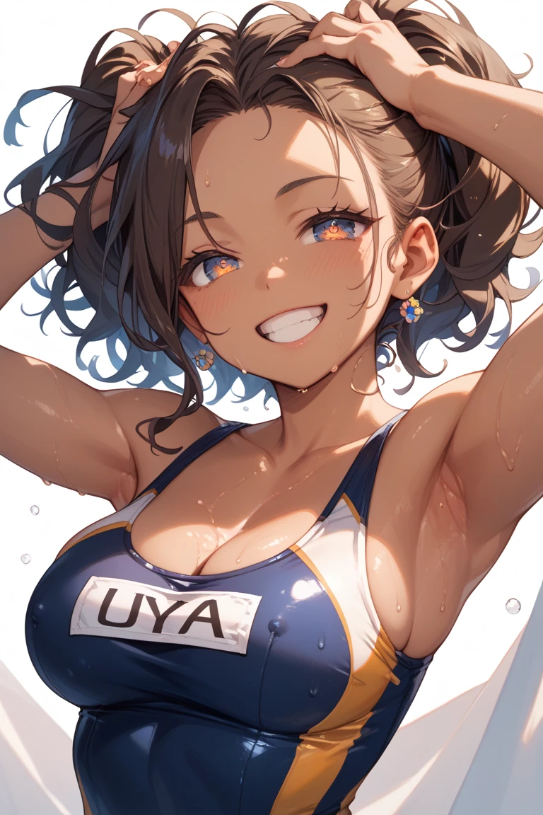 Armpits, woman, swimsuit, smile, blushing, armpits touched