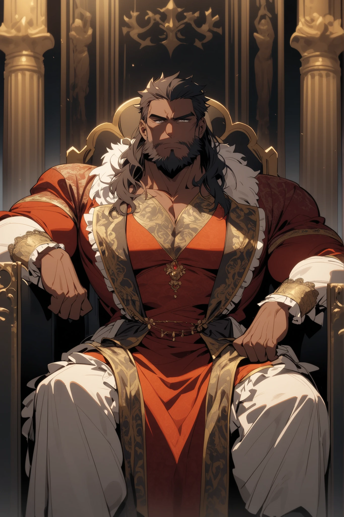 A chubby king sitting on his trone with a long beard