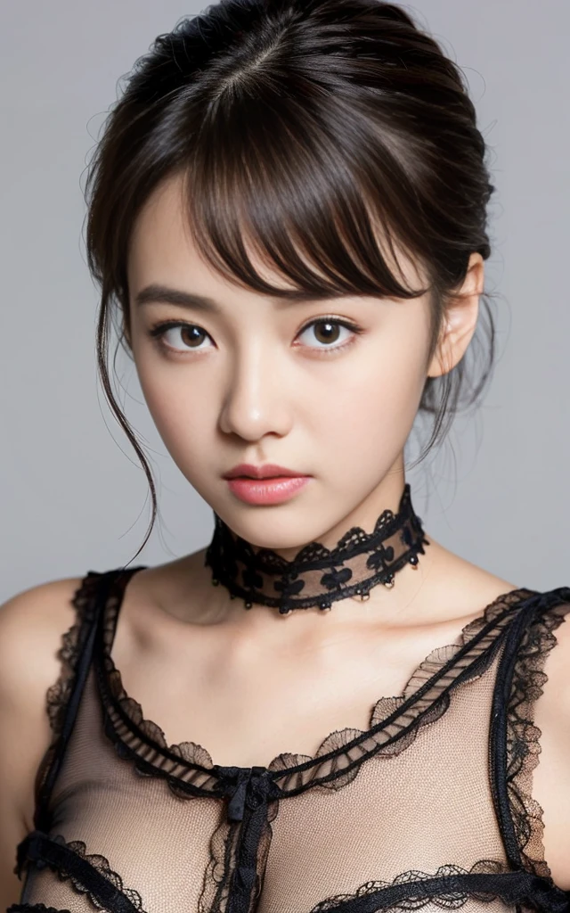 cute, ultra-Detailed chest, figure, complicated, Detailed chest, extremely Detailed chest, Detailed chest face, Soft Light, Soft Light, Soft Focus , Perfect Face, beautiful, Accurate anatomy, Exposure, 8k, 4K, (High resolution: 1.1), Highest quality, (Mastepiece: 1.3), 1 Girl, alone, jewelry, Brown eyes , View your viewers, Earrings, Gray Hair, bangs, choker, Mouth closed, Portraits, Looking, hair ornaments, Simple Background, Gray background,Headrest, New Lips, hair braids, black choker