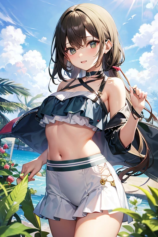 女の子1人、brown haired(bob cuts)、Red Eyes(hazy)、Marl、A smile、portlate、realisitic、、side lights、wall-paper、NSFW、Cute swimsuit in black color(((The bikini)))、Cute black bikini((Center ribbon))、Black pants((falda corta))、Black short skirt((falda corta))、((Fluffy))、Manteau((in green))、Background seaside、plein air、blue-sky、barechested