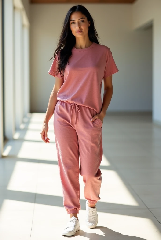 Women with good body posture and fit from workout wearing long tshirt