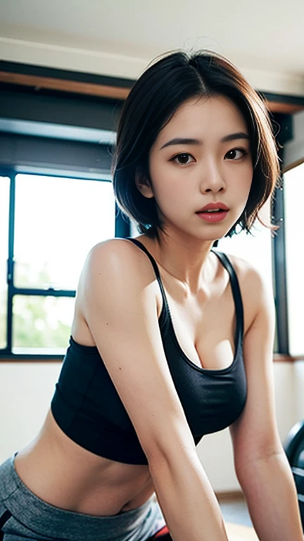 Best Quality, Realistic, (gray short hair girl), with fair skin and seductive blue-eyes, damp skin, detailed face, huge eyes, very small face, detailed eyes, big eyes, dropy eyes, Double eyelid, Glossy eyes, (Wearing Monotone shorts), Adopt a curvaceous posture, damp skin, daily、in a dungeon, With a high ponytail and small breasts, wet breasts、small soft breasts、soft skin、bold exposure、wet skin、damp skin、captivate your audience、leaning forward、Adopt a curvaceous posture, Blurred background
