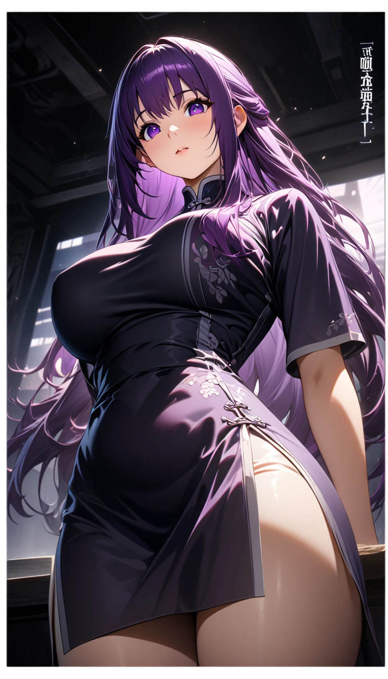 A beautiful woman with long purple hair, sexy dress, detailed facial features, high quality, photorealistic, cinematic lighting, dramatic colors, ใส่เสื่อน้อยชิ้น
