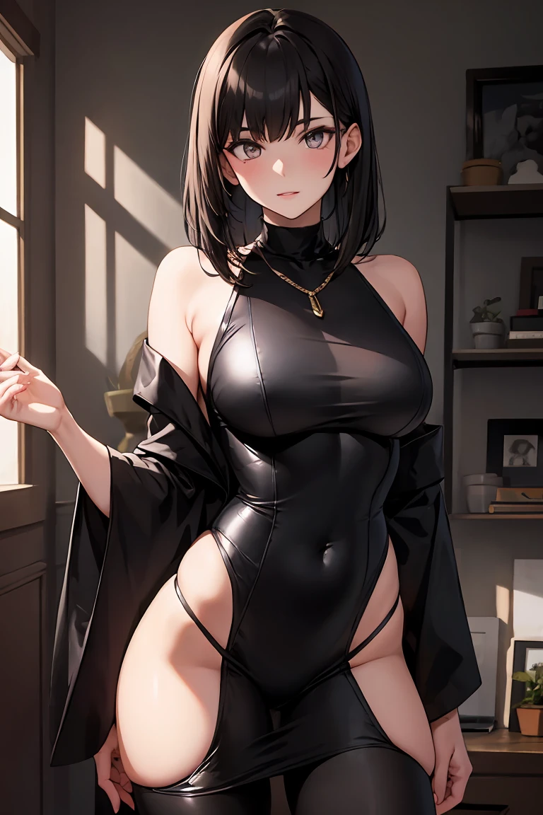 ( wearing a loose, oversized hoodie that rests on her knees ),gorgeous, masterpiece, best quality, high-resolution, finely detailed, extremely detailed and beautiful, distinct-image, 1 girl, 16 year old ager, solo, sharp facial features, oval shaped face. cherry pink lips, lightly tanned white skin. velvet-colored eyes, C-cup breasts, tall height(175cm), slim yet chiseled body type, short shoulder length dark violet-black hair, small narrow waist, long and slender legs, curvy wide hips, elegant five star hotel setting in modern times, rear view,