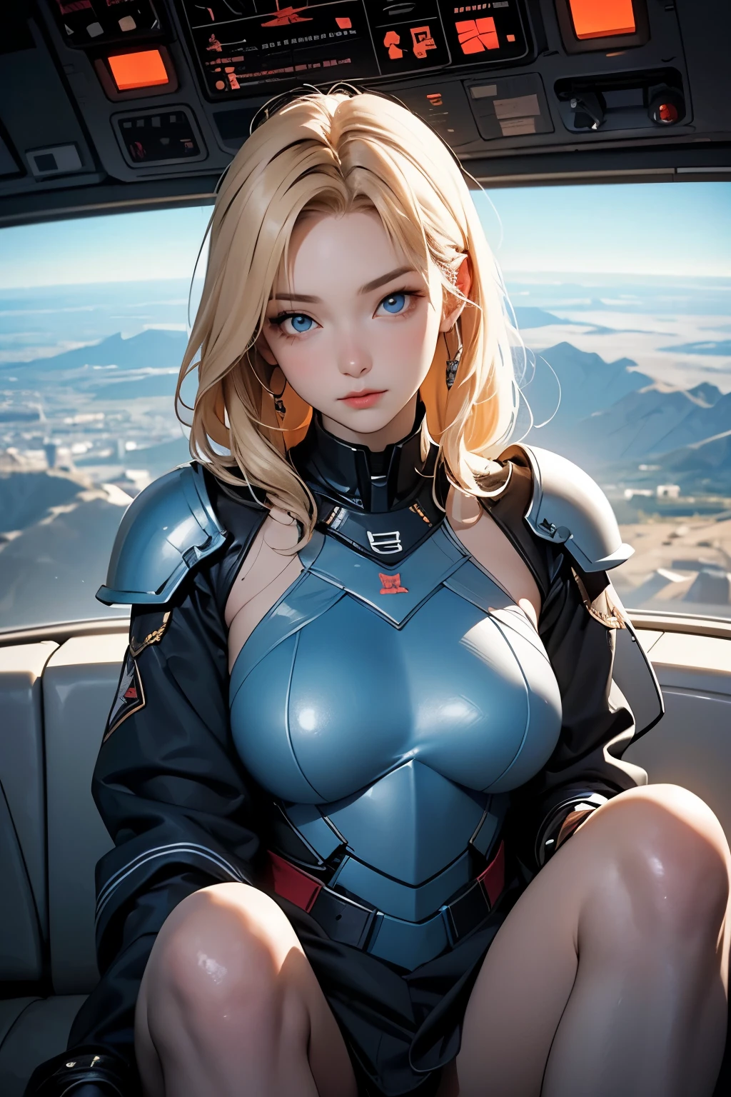 in futuristic 3000s of beautiful cyber attractive woman perfect face and body has white skin in micro cyber bikini, beautiful breasts ,large breasts , Bright blue eyes, Light red lips ,In the sky a spaceship flew by, ,medium long shot ,virtual sea background