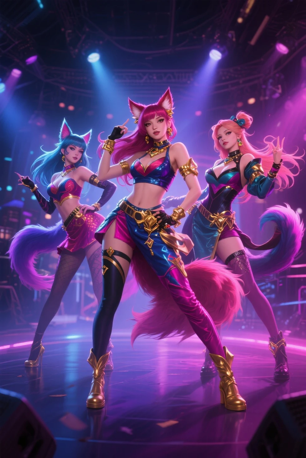 K/DA Unleashed'. In the artwork, showcase a dynamic and lively performance stage with bright stage lights reflecting. At the center of the painting, depict the members of K/DA - Ahri, Akali, Evelynn, and Kai'Sa, each wearing unique and stylish outfits. Use flashing lights and smoke effects to create an extravagant stage atmosphere. Capture the excitement of the audience, along with the prominent K/DA logo. Vibrant colors like pink, purple, and gold should stand out in the space. Ensure the artwork exudes the energetic, alluring, and charismatic essence for which K/DA is renowned."