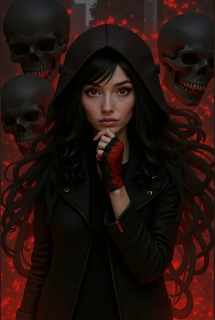 ((best quality: 0.8)), ((masterpiece)), (detailed), 1girl, beautiful face, long, brown, wavy hair, short black dress with long sleeves, black and gray striped socks, black boots , passionate lips, light blush, big breasts, beautiful red eyes, fair skin, skull tattoo, beautiful smile, (glowing eyes: 1.4), (blood face), NSFW
