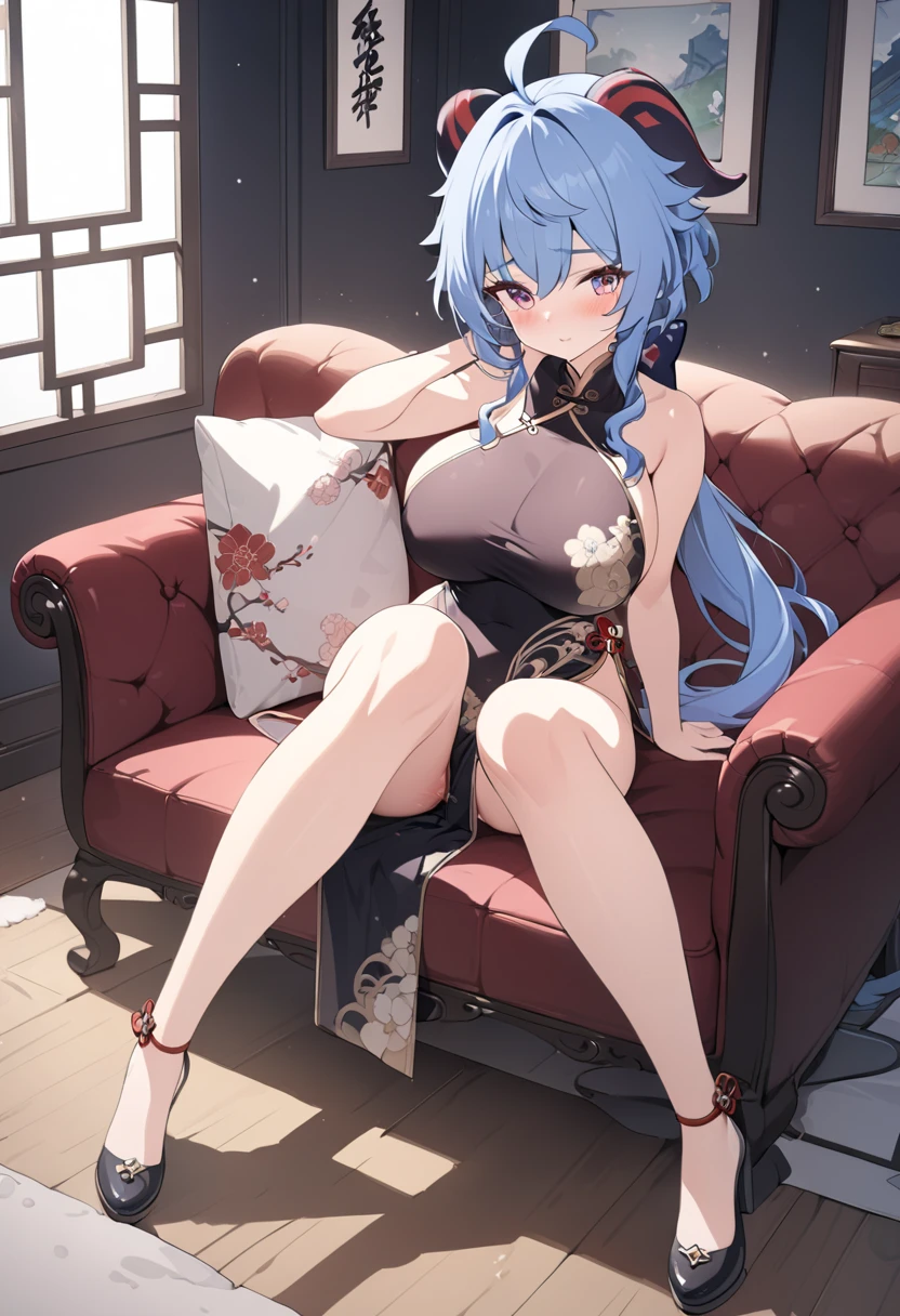 ((masterpiece, best quality)), (1girl), ((mature female)), (big breasts), red eyes, white hair,long hair, (t-shrit), curvy, thick thighs, fantasy, wide hips, blue hair, thin waist, cat ears, beautiful detailed face, looking at viewer, night, (dark interior), (sitting on the bed), floor to ceiling window, neon light, (cyberpunk city), reflected light, ray tracing,