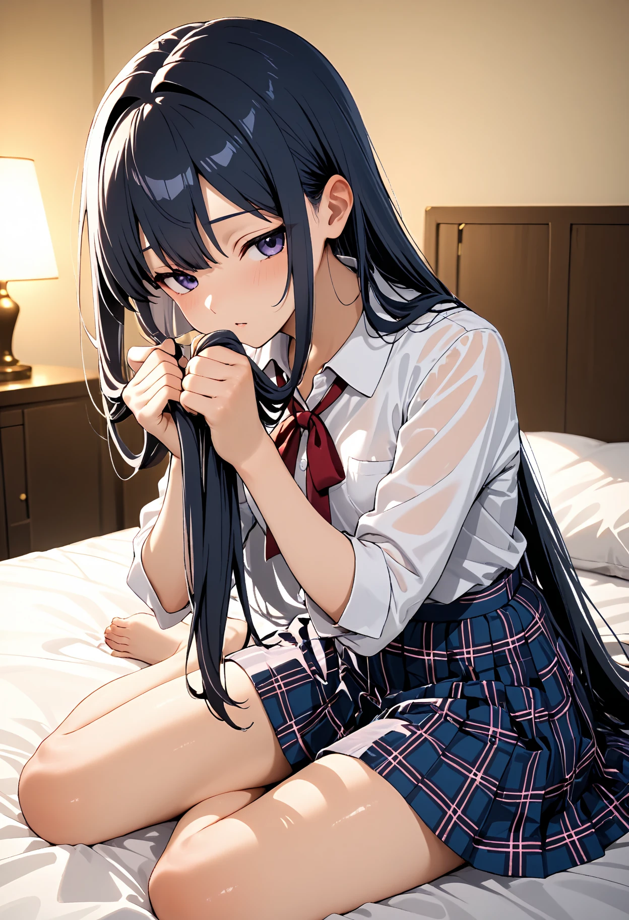 ((Highest quality, High resolution,  Perfect Pixel,  4K)),  (Beautiful Anime Girls), Depth of written boundary、
Watching the audience, 
Perfect body, 

Yukinoshita Yukino、

White shirt、Sweat、Red ribbon、Checked mini skirt、

(blush:1.3),　

View your viewers, From below, 
Love hotel bedroom, 

Browsing Caution,
throw, Top girl, Straddle, Sex,
who, School uniforms,　
