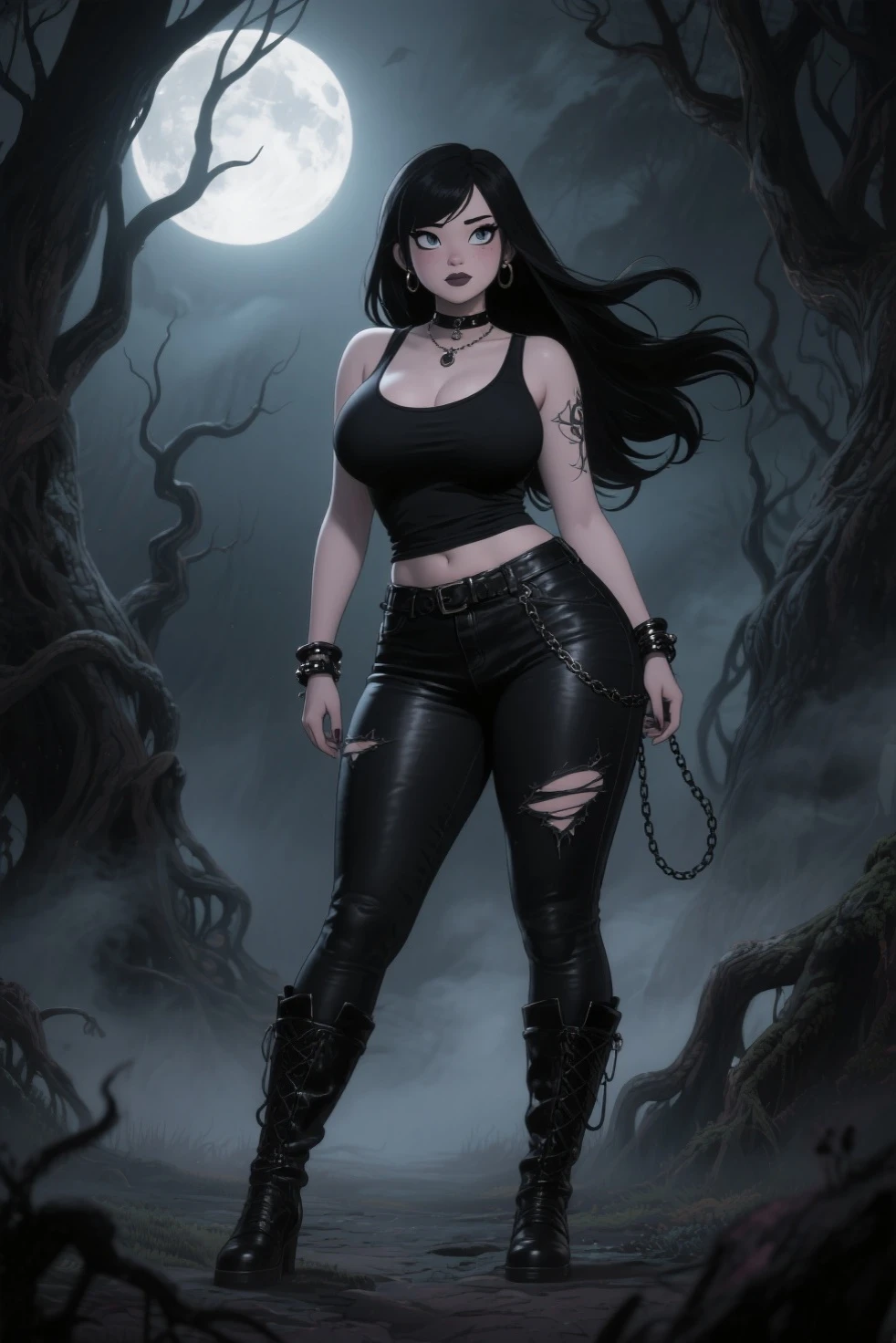 Nicki Minaj is wearing a goth outfit, sci fi, sexy,cleavage, standing in a forest at night