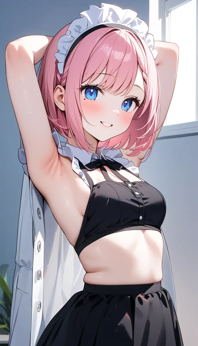 (8K、Highest image quality、highest quality、masterpiece)、detailed face、((one ))、pink hair、short hair、light blue eyes、evil smile、((grin))、small breasts、((unbuttoned white shirt))、undressing、((white bra))、((black pleated skirt))、((miniskirt))、((white panties))、black socks、loafers、sit、whole body、Take a photo from above、Gym storeroom、((nsfw))
