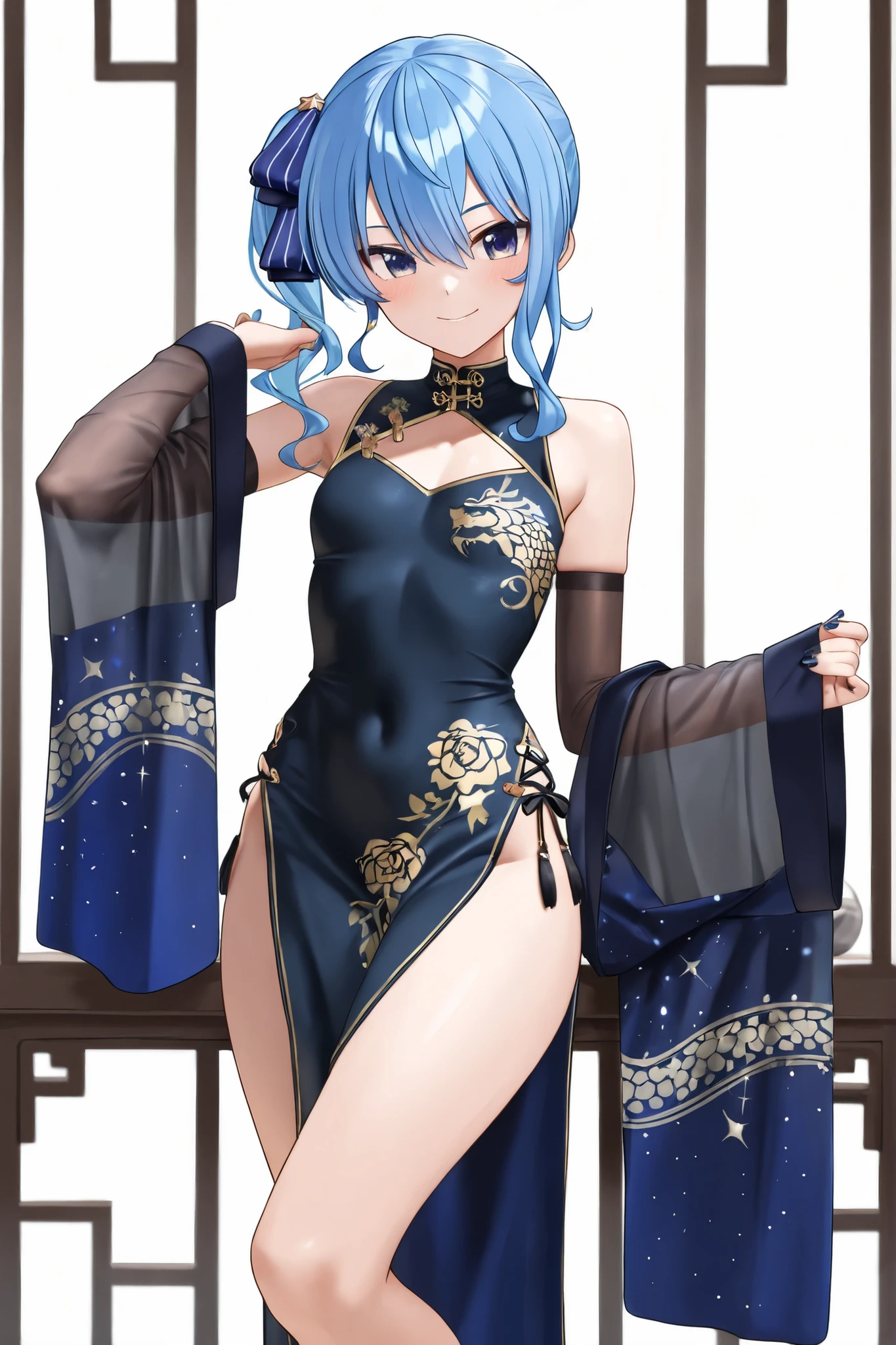 One girl,hoshimachi suisei,blue eyes,Blue Hair,choker,Hair between the eyes,Medium Hair,Side Ponytail,スターchoker,Small breasts,China dress,belly button,High heels,Chinese restaurant,(Perfect hands),(Perfect Anatomy),(masterpiece),(highest quality)