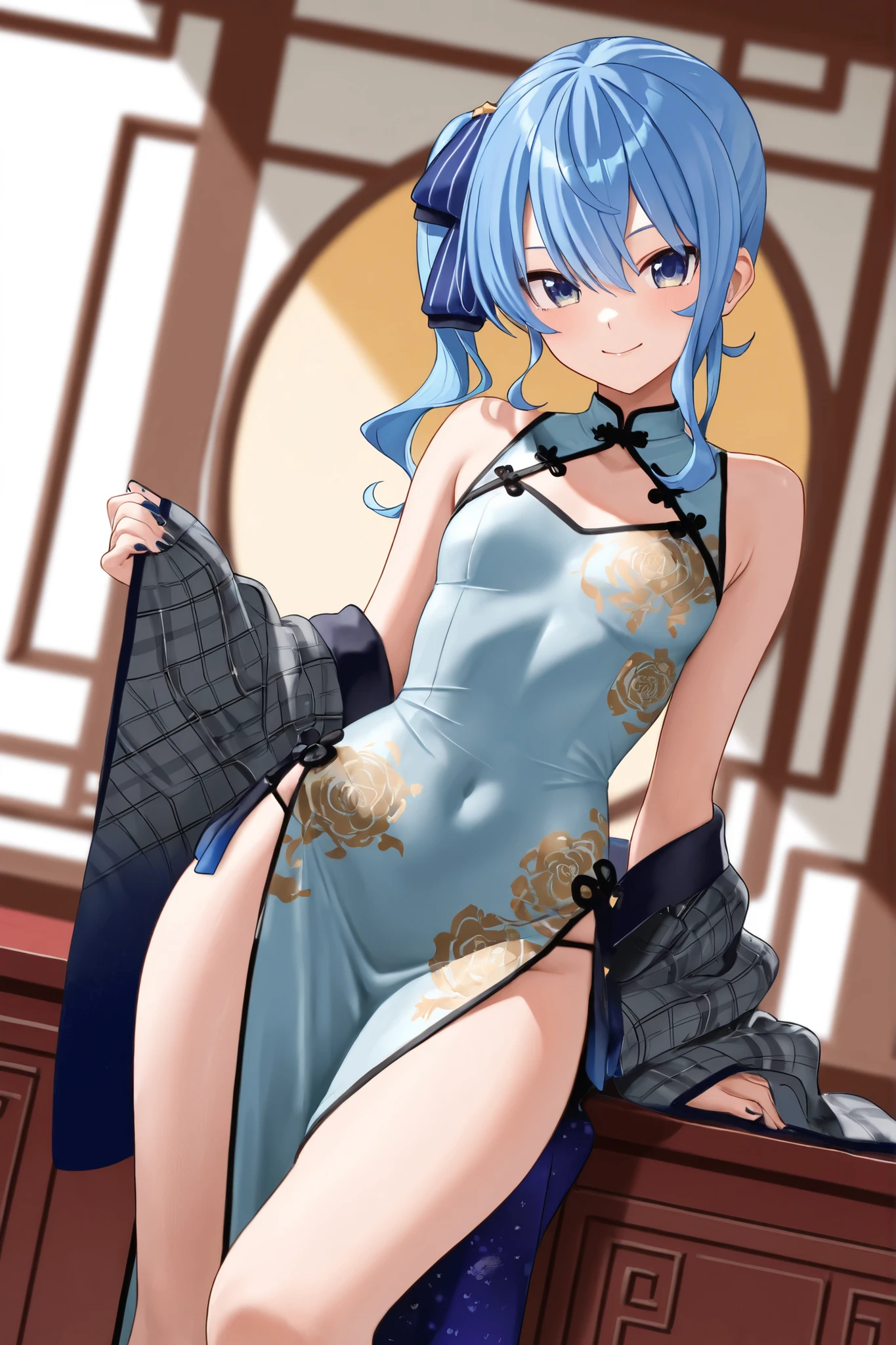 masterpiece,best quality,highres,ultra-detailed,shiro \(no game no life\),long hair,multicolored hair,hair between eyes,gradient hair,yellow eyes,flat chest,<lora:shiro _(no game no life) :0.7>,bare shoulders,china dress,chinese clothes,short dress,cleavage cutout,sideboob,thighs,hands_on_hips,furrowed_brow,indoors,(double bun:1.2),