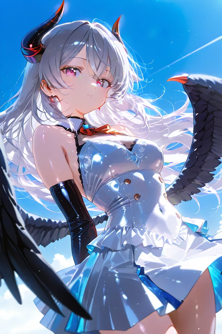 ((Masterpiece)), 1girl, flying through the sky, white leotard, white pleated skirt, pink tight gloves, ruffled stockings, beautiful wings, perfect body, sexy body, petite, super beautiful, panorama, side view, looking away, ((beautiful eyes)), ((good anatomy)), (highly detailed), ((best quality)), (((masterpiece))), absurderes, cinematic lightning