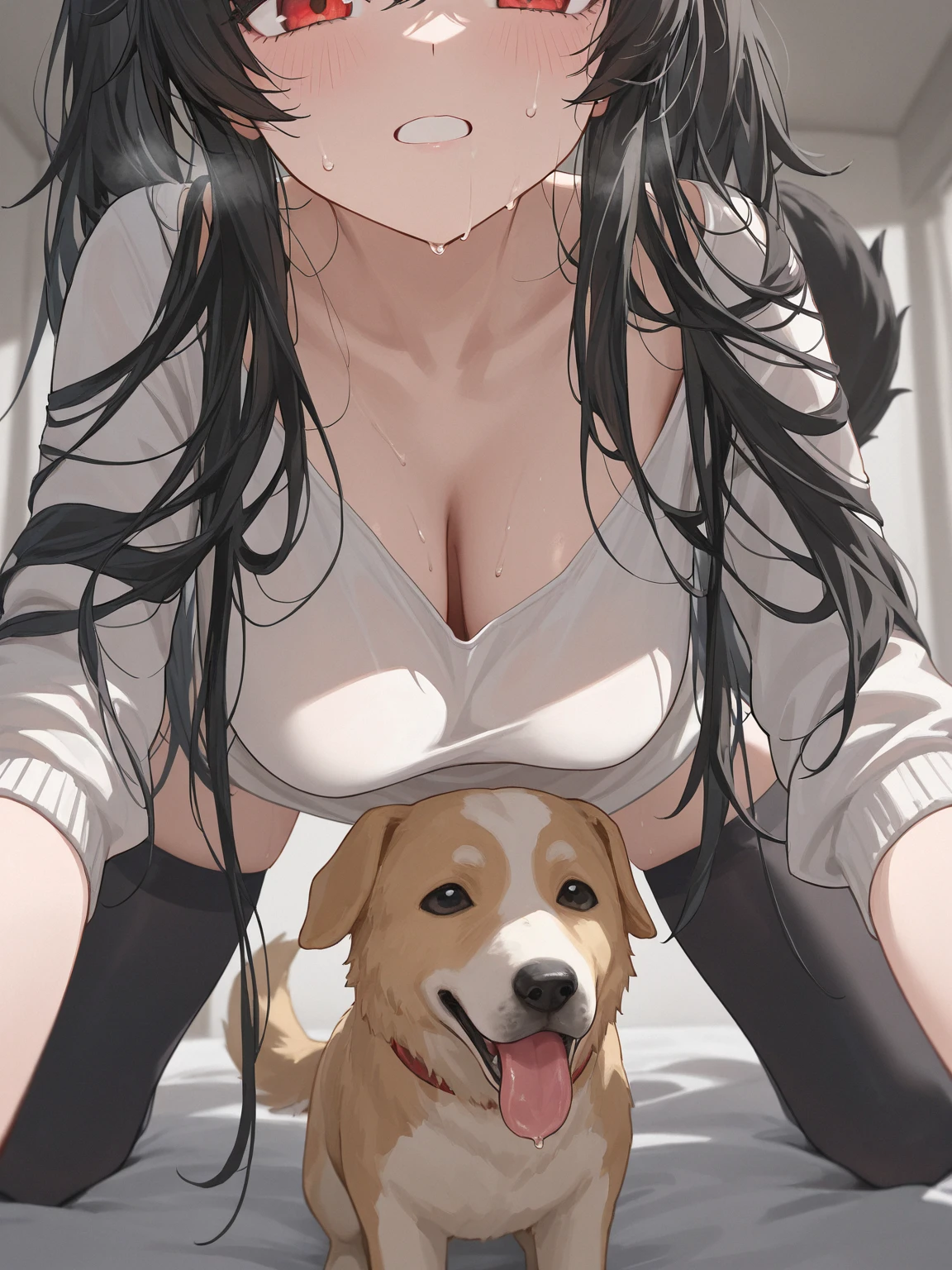 Albino, pretty girl, one girl , full body shot, detailed skin, ultra-detailed, slim body) , large earring, thighs, (beautiful short hair),, fine collarbone, soft navel, soft midriff, soft back, angle from behind, sweaty, beautiful breasts, blush, photorealistic, realistic face, realistic eyes, smirk (((colorful))) (((cleavage))), (freckles), (eye liner), (mascara), ((thick  on body)),(thick  on ass)), ((very sweaty)), ((wet thighs)), ((spreading thighs)), ((hands on thighs))  , (extremely detailed CG 8k wallpaper), (an extremely delicate and beautiful), (masterpiece), (best quality:1.0), (ultra highres:1.0), beautiful lighting ,perfect lightning, realistic shadows, [highres] , (girl wearing short school uniform:1.4, ) , (laying on stomach in  the bed) , (ass appears) , disrobed , noclothes , PUBIS uncovered , BUTT EXposed , uncovered ,  appearssex、{{{{dog and sex}}}}、best quality, naturalness, Dogs are mating with young women., sex, 1 dog and 1 woman, A dog stands behind a young woman., 1 dog, Clear face, rape, no, 1 woman,  spread, Medium bust, naturalness, Dogs are mating with young women., doggystyle sex, 1 dog and 1 woman, A dog stands behind a young woman., 1 dog, Clear face, golden retriever fucks a doggy style.fuck porn dog .dick dog .pussy girl.dog rape girl doggy.dick in pussy.fucking girl.ntr dog (sex) ntr hentai .and dog on the bed.dog fuck she.dogsex black dog.porn.dog rape 18+ she. dick dog .dog fuck pussy.dog rape girl.big dick dog fuck girl.
