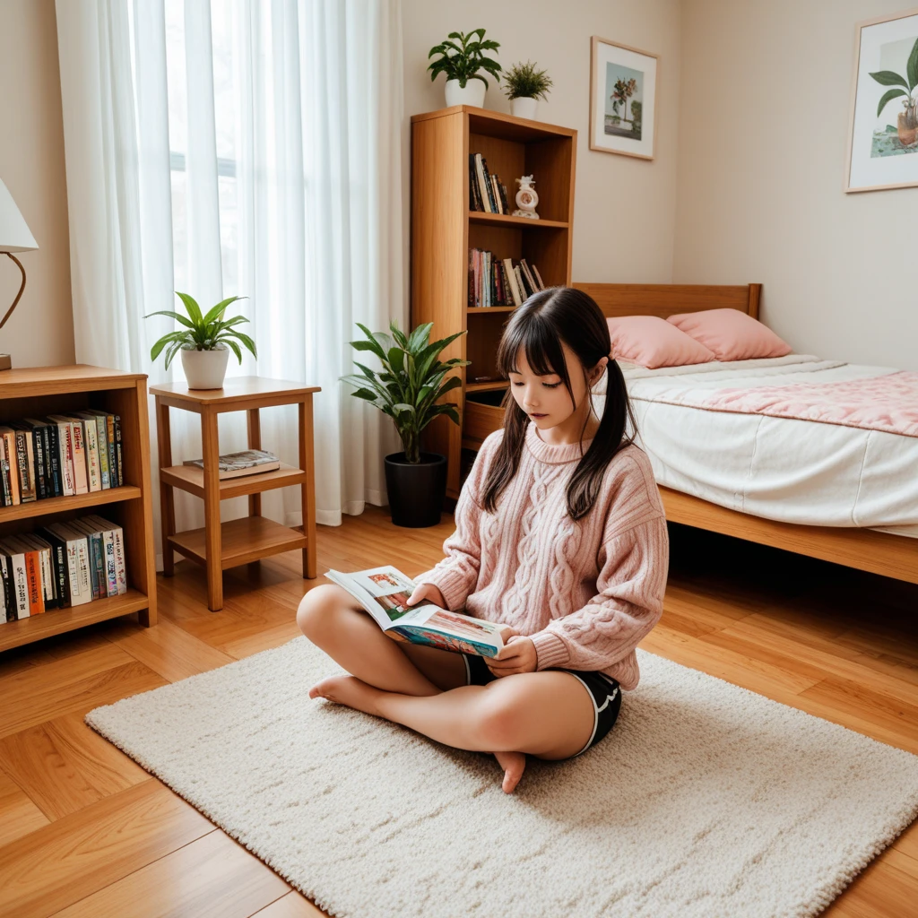 Pixar type cartoon of girl crouched on the bed with short black straight hair with fringe in her hair, she wears pink, she is in the room where she has many books