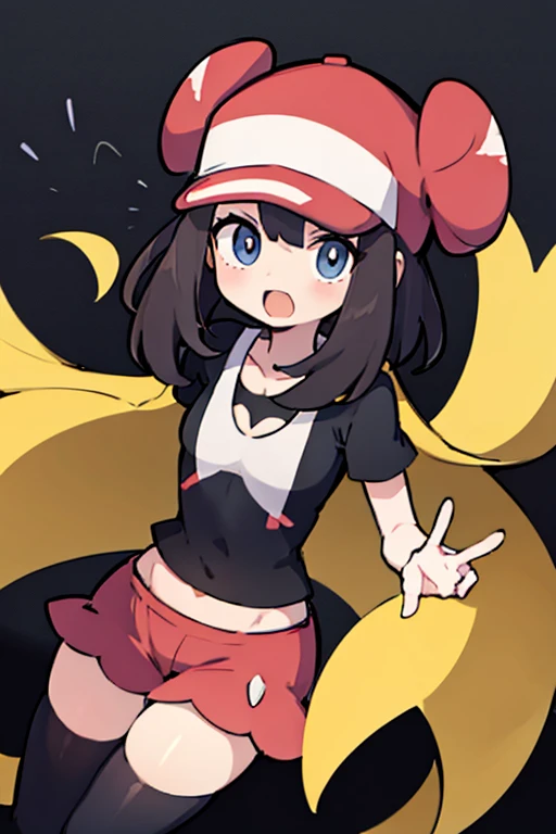 best quality, masterpiece, highres, solo, {hikari_pokemon:1.15}, long_hair, hat, hair_ornament, beanie, white_headwear, hairclip, sleeveless, smile, blue_eyes, eyelashes, blush, black_hair, blue_hair, open_mouth, grey_eyes, 1girl, :d, holding, holding_poke_ball, looking_at_viewer, poke_ball, poke_ball_\(basic\), red_scarf, scarf, shirt, tongue, black_shirt, , jewelry, pink_skirt, shiny, skirt, sleeveless_shirt, bracelet, red_background