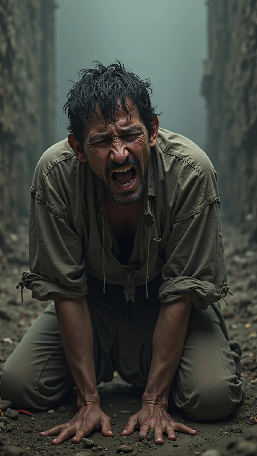 A realistic photo showing a man with the appearance of a factory worker. He has an expression of despair, with both hands around his throat as if he were about to hang himself. His clothing is dirty and worn, giving an impression of hard work and difficult conditions. The background is gray and gloomy, reinforcing the atmosphere of sadness and despair., photo