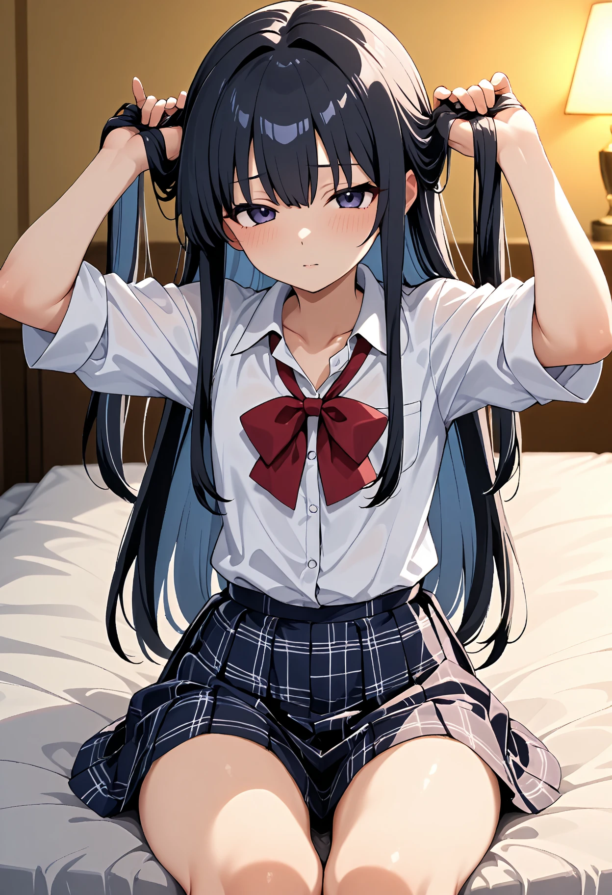 Hold the skirt with your hands,skirt lift,skirt hold,from front,front view,looking at viewer, looking ahead,from above,cowboy shot,1girl,Beautiful 11 year old girl,Japanese,Slender,,low length,Small breasts,Thin legs,Small Ass,Baby Face,Small face,Black Hair,Row Twin Tails,Gray Eyes,slit pupils, cat eyes,middle School girls,uniform,Short sleeve shirt,Checked tie,Checked mini skirt,white panties,socks,open mouth,tongue out,front face,Kneeling,Straight Stand,Beautiful and detailed anime art,Mischievous smile,Sexy vibe,cum on tongue,Dimly lit room,On the bed,Simple Background,Gray background,Low lighting,