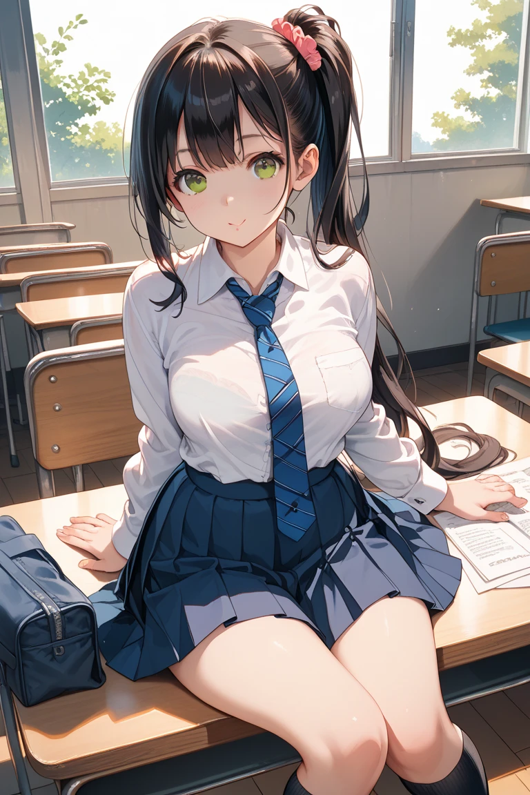 embarrassed, blushing, super short black y, white panties under the skirt ,i can see the white panties under the skirt, lifts her skirt with one hand, panties peeking out from under your skirt., spread-legged position in school desk, knees apart,black hair, school uniform, mini-skirts, Hi-Res, 1girl in, Cute anime illustration