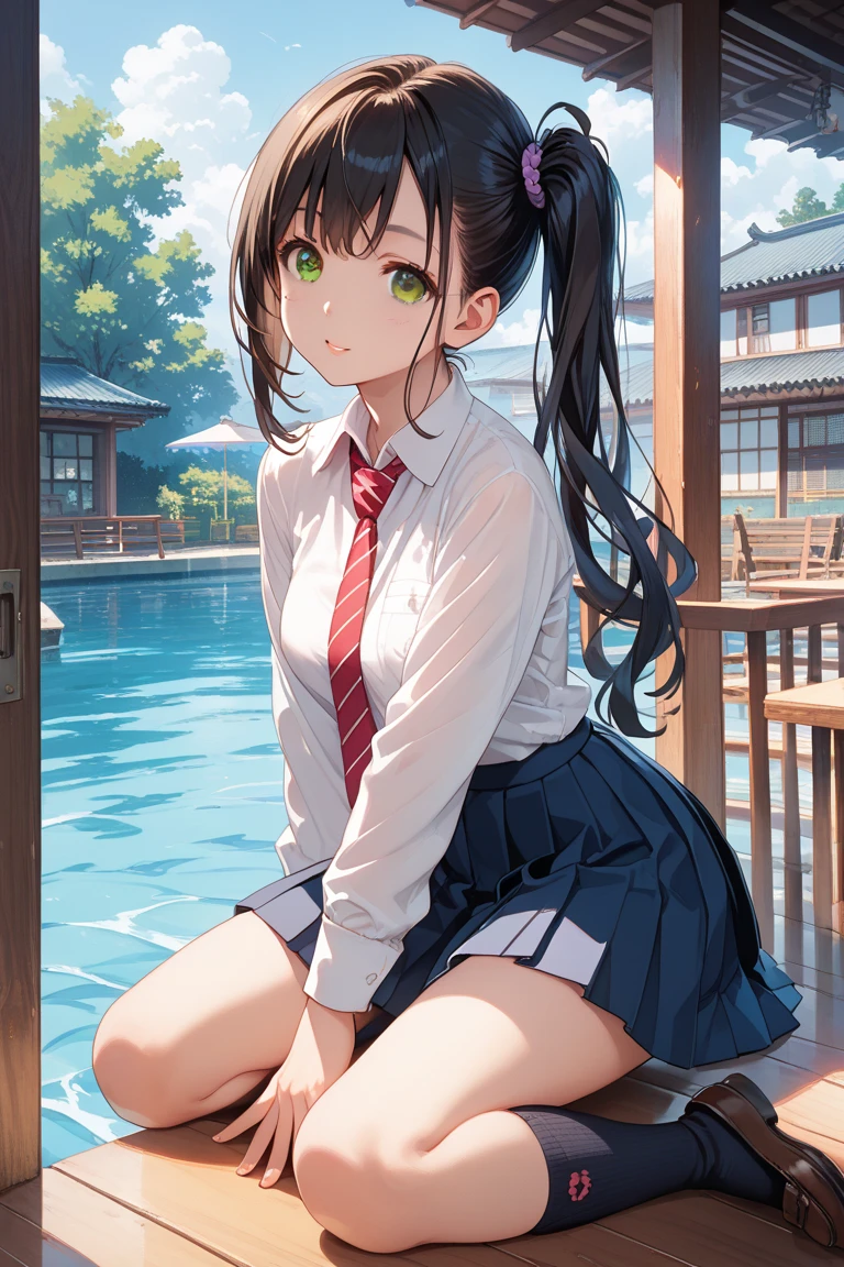 masterpiece, highest quality,One Girl,honkai_(series),shirt, head_ribbon,green_ribbon, Side Lock,With collar_shirt, smile, hair_ornament, hair_intake, honkai:_star_rail, ribbon, Open_Clothes, School_uniform, alone, hairclip,nsfw,Outdoor,Poolside,shirtを脱ぐ,Thighs,