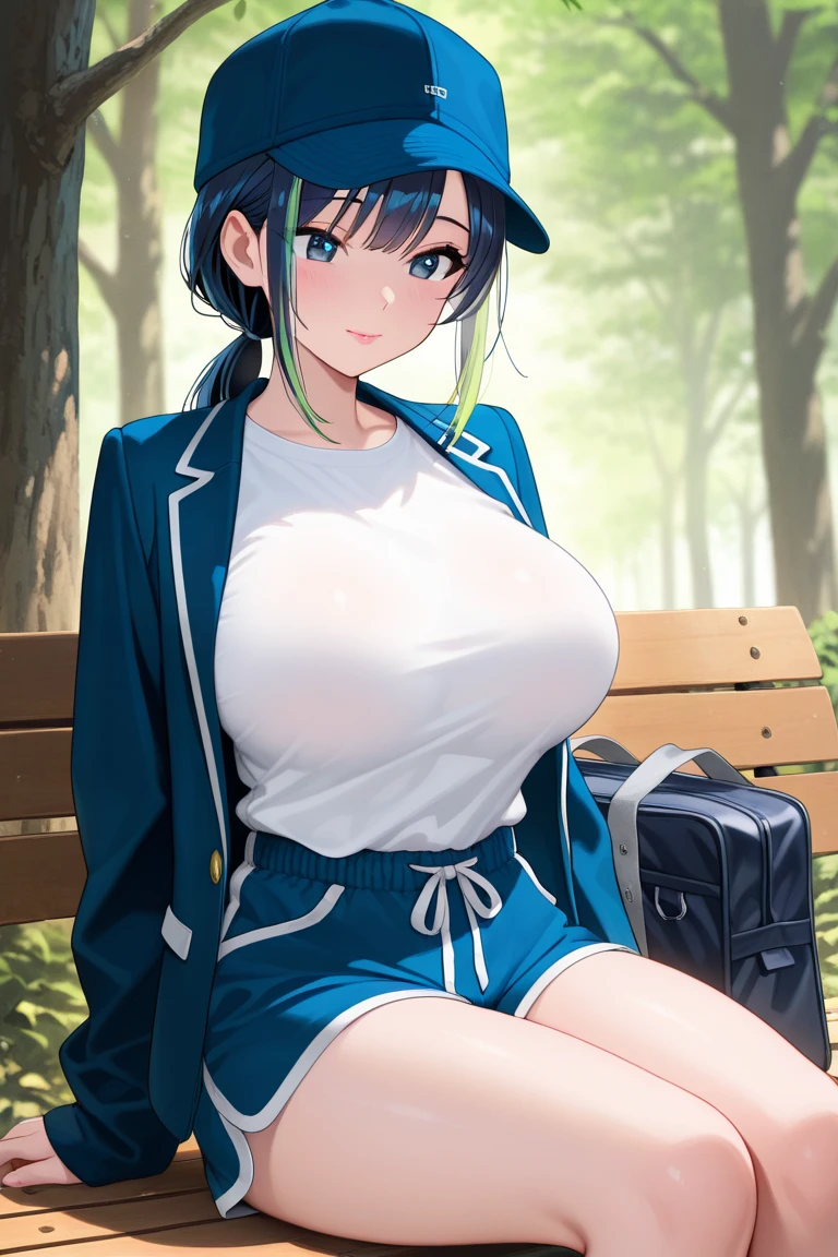 ((huge_breasts)),1girl,kochiya sanae,green hair,blue eyes,frog hairornament,Crouch、Knees closed、Panty shot、high school girl、Posture