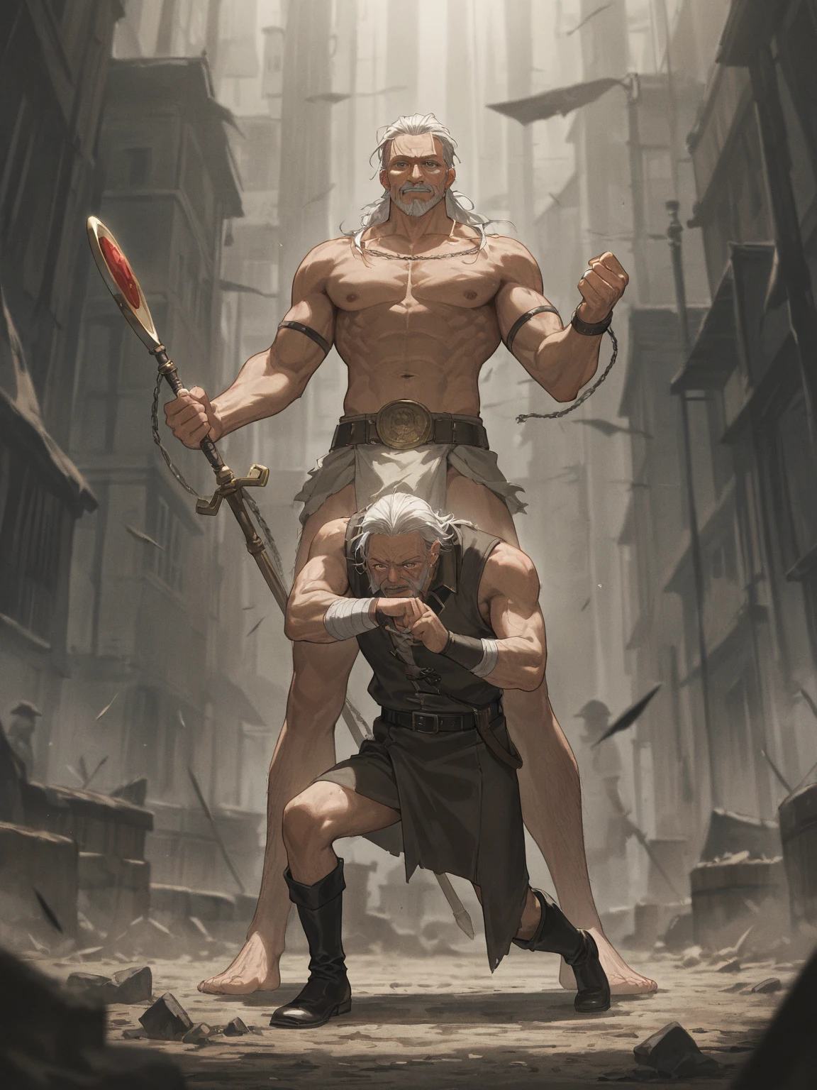 A naked young king with fair hair and unrelenting facial expression is harshly fucking an evil young sorcerer as a punishment for his crimes. The sorcerer is a naked kneeling young man has an expression of pain on his face, as he begs the king to stop.