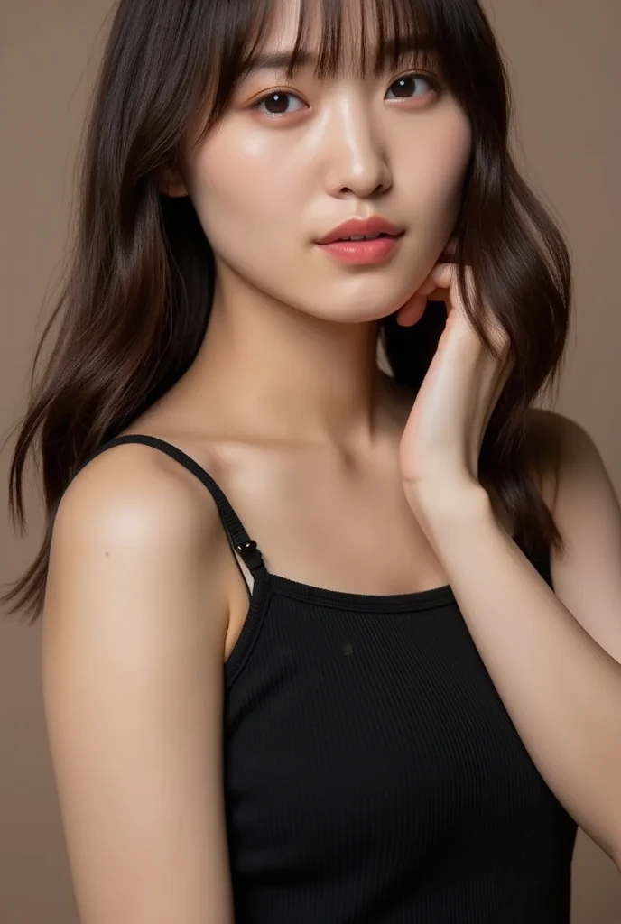 ((top-quality、8K、​masterpiece:1.3))、1girl in、Beautiful woman emphasizing slender abs:1.3、(Random Hair Styles:1.2)、Oversized tank top:1.2、Super Detailed Face、detailedeyes、double eyelid、One Woman、portlate、studio