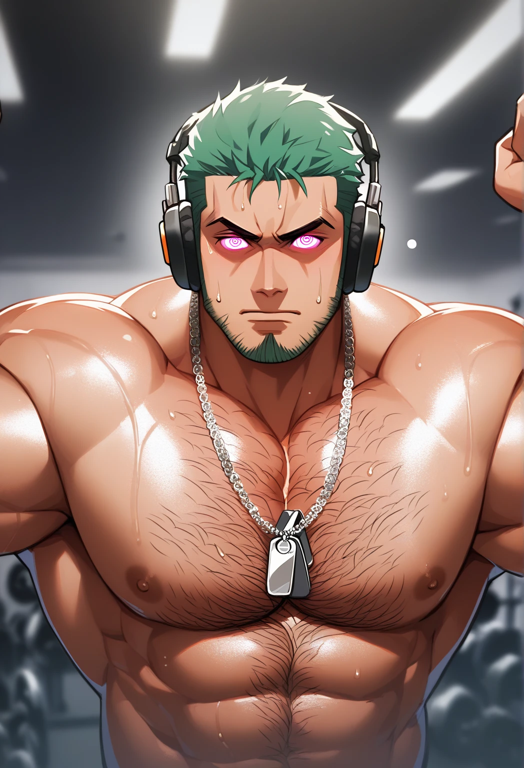 Roronoa Zoro, lifting barbell, shirtless, glowing headphones, dog tags, buzz cut, facial hair, beard, muscular, muscles, broad shoulders, massive pecs, hairy chest, hairy pits, sweaty, glowing spiral in the eyes, blank expression, vacant stare, hypnotized, brainwashed, focused, High Resolution, gym, solo