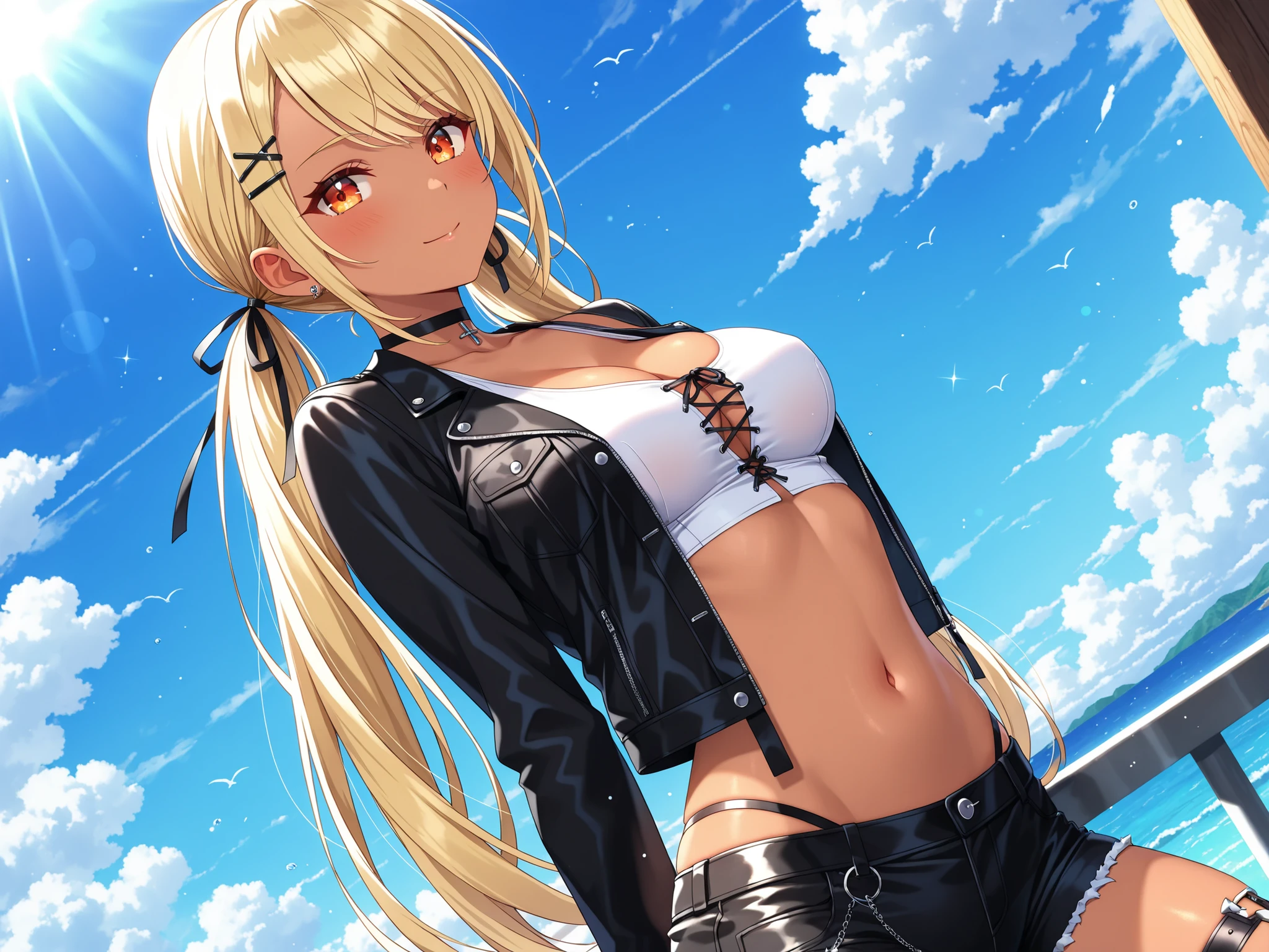 最high quality、best image quality、masterpiece、teenage girl((18-year-old、 By becoming、vest bust、medium bust,wide open breast tea、black eye, blonde hair、Habitual hair、long hair、thin,highest valley、blue shorts、Holding a plastic bottle、attractive face、heart tattoo、black aloha shirt、physical education sitting、sweating、like、Stay close to your audience)),high quality、beautiful art、background((Hawaii、Waikiki、Palm tree、beach、sunset))debris flies、Depth of written boundary、movie、visual art、perfect art、8K,genuine