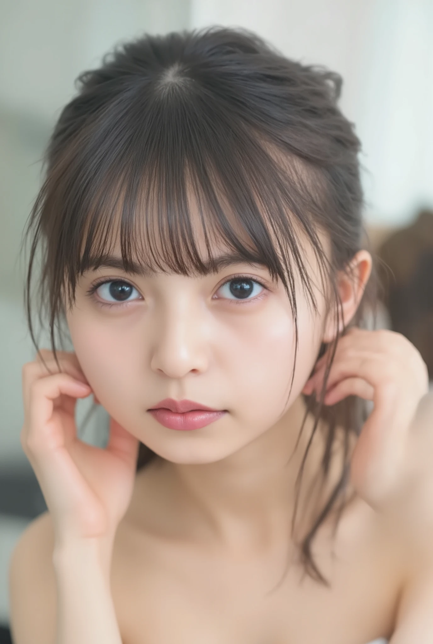 ((( High Definition , top quality, Highly detailed, masterpiece ,  Highly detailed pictures , Realistic , real person々 , Ultra Precise Skin   ))) ,  (   From the side  ) , full body (Full Frontal:1.5) ,  PRESHOT ,  Viewer , small breasts,lace bra under my blouse、  underwear color random、panties、twin tails、 ( smile face ) ,   ( sexy pose ) , dark hour of dawn , { nsfw } young Japanese woman,(falls backwards、Please bow forward,looks back and stares at the Viewer),masterpiece,4K image quality,8k Quality, (Wet and Shiny Little Ass),girls, (flat chest), ,Delicate Body:1.5,white skin,