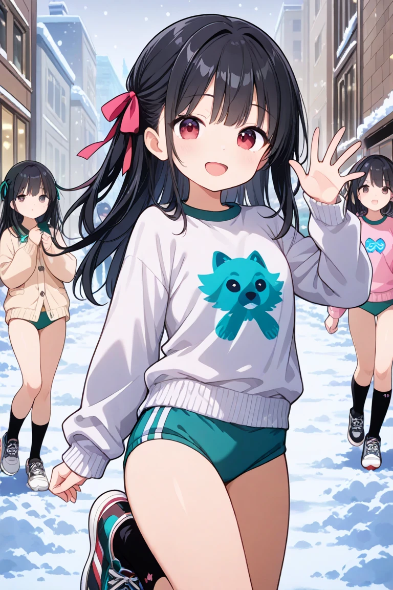(masterpiece:1.2, best quality), (highly detailed:1.3), 2girls, petite, young teen 10yo, slim, colorful down jacket, (children's print panties), long hair, throw snowballs, smile, laugh, fun, play, winter, snow, bright,