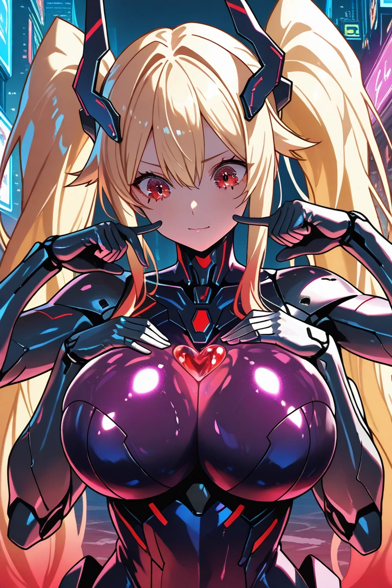 (masterpiece),(best quality),(ultra-detailed),(illustration), 1girl,solo,cowboy shot,(<lora:beautifulCombat_v01:1> purple beautiful combat bodysuit)  masterpiece, huge breasts, neon trim,blonde hair, long hair, blue eyes, sweat,