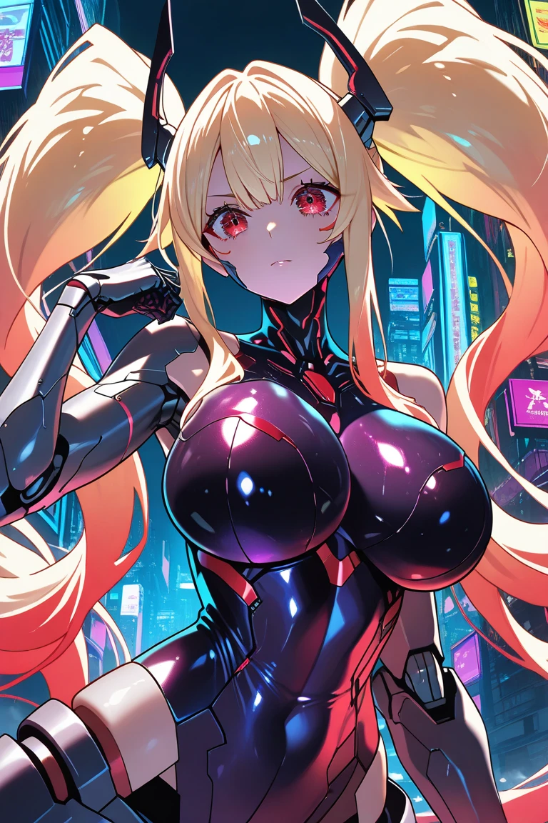 ((masterpiece, best quality)), High resolution, distinct image, (1girl), (solo), (female Focus), light smile, sitting on wall, (Cyberpunk beautiful female action), (blonde side braid hair 1.2), (blue eyes), (eyelashes), (large breasts 1.4), Arms behind back, neon city, cyberpunk , oficial art,