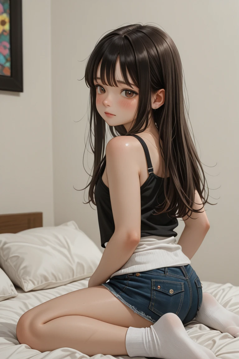 ((Perfect Anatomy:1.2,Realistic:1.5,RAW Photos:1.5,masterpiece、Highest quality、Ultra - High resolution、High resolution、Highly detailed CG、8k)),Cowboy Shot,1 female,alone、18 year old beauty,Japanese,((Beautiful and graceful face and eyes:1.3,Big beautiful eyes:1.3,iris)),Black Hair,Long Hair,Straight hair,Blunt bangs,blush,((Flat Chest,Low length,Slender body,Small Head:1.3,skinny)),(Glowing Skin,Oily skin:1.3,Glowing Skin),(White camisole,denim micro mini shorts),Simple bedroom,