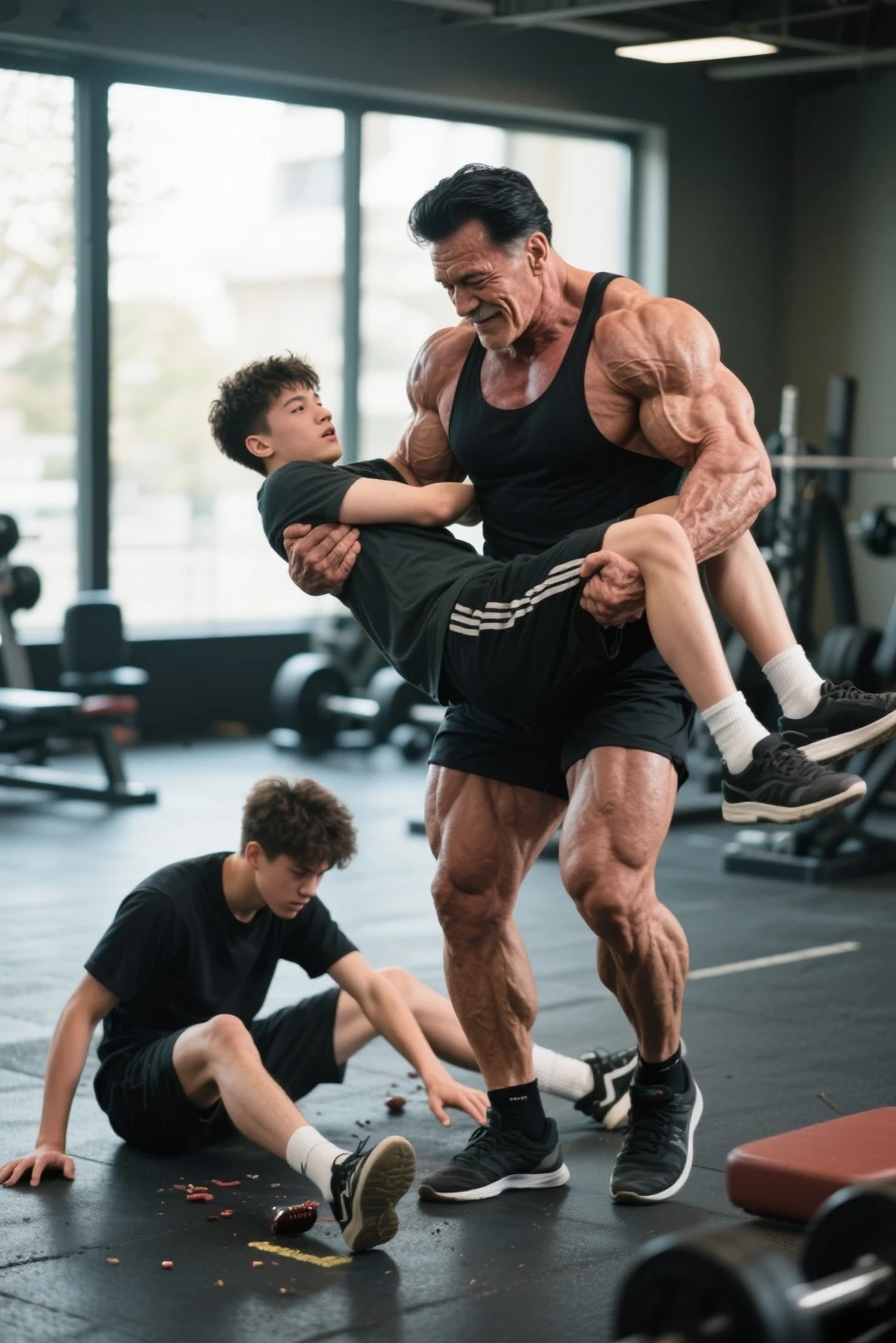 A realistic, high-quality advertising image featuring a father and his young son in a modern gym. The father, a strong and athletic man in his 30s, is teaching his approximately 6--old how to correctly lift a small dumbbell. The scene is illuminated with natural light streaming through large windows, reflecting off the gym equipment around them. The father is wearing a sleeveless shirt and shorts, while the son is dressed in similar athletic wear in a child’s. Both are smiling, conveying a sense of connection and the importance of starting exercise from a young age. In the background, there are other gym equipment like treadmills and machines, but the main focus is on the interaction between the father and son.