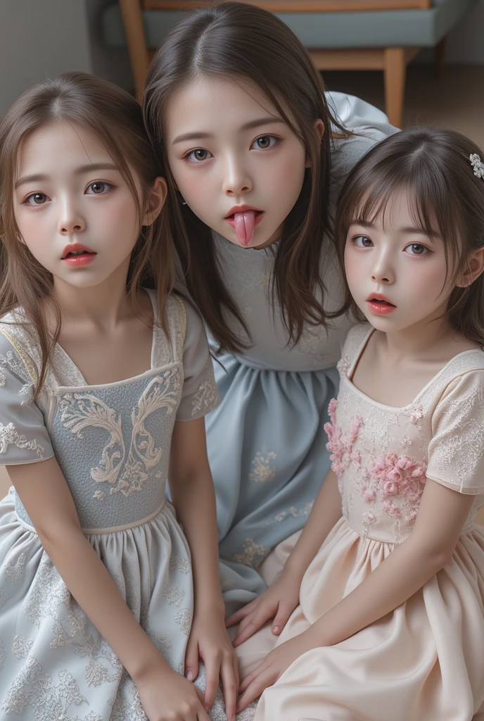 ((Highest quality)), ((masterpiece)), (High-definition photos), ( girl and cute girl and beautiful girl:1.4), (3 girls), (drill hair), (spiral curl), (long blonde), (bangs), (Young beautiful girl:1.3), gal, long, Light eyeshadow, (earrings), during, (pointy breasts:1.3), covered nipples, white dress, (snowy white skin), (Blushed:1.3), upper body, ((Embarrassing)), Half-open mouth, Shiny skin、elbow groves, wetty lips, Thin eyebrows、(Blue eyes:1.1), (cute girl is kissingg little girl:1.3), (beautiful girl is kissing little girl:1.3), Warm sunlight, A girl stands with the view of Amalfi