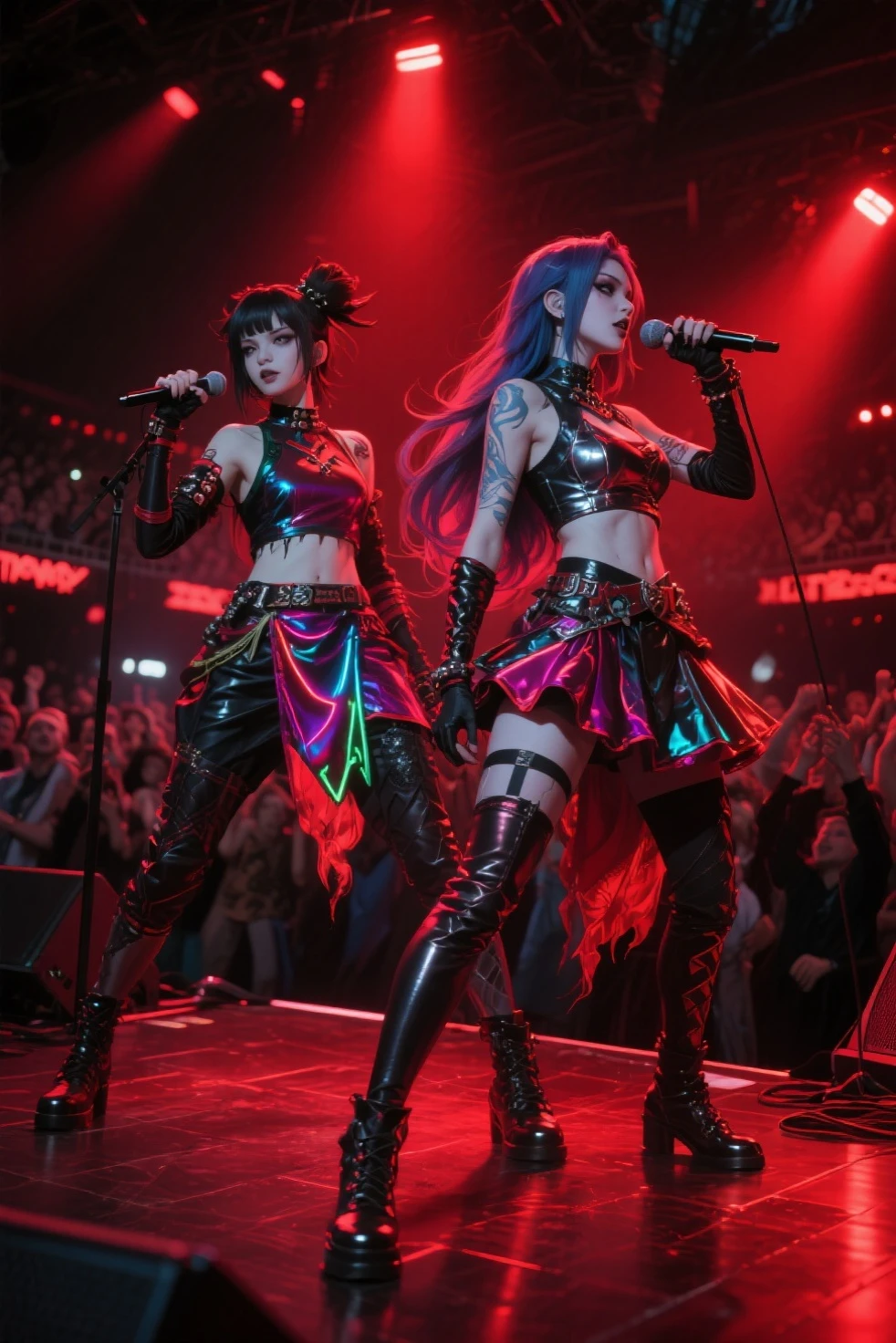 the girl lead singer of a heavy metal band, live show, in a sexy bikini, orange hair, big breasts, punk rock belt, black shiny leggings, lit stage and fireworks.