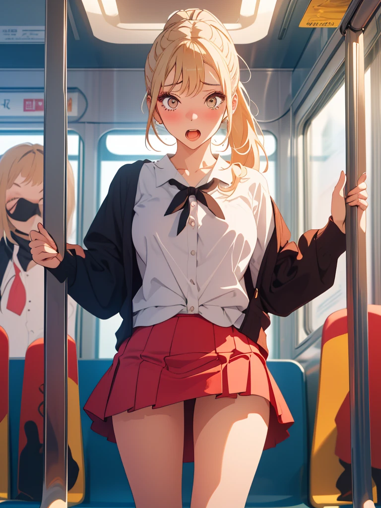 (hq hand drawing style), Get to grips, , (High school girl grabbed by the buttocks on the train), (shock expression), thick thighs, 3/4 stockings , pleated skirt, Beautiful One Girl, blonde, ponytail, (molestation), ((Man grabbing girl's ass on crowded train from behind)), Man grabbing girl's chest on train from behind