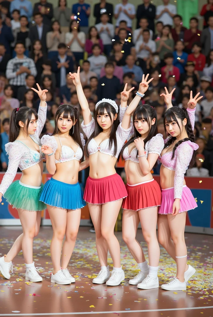 RAW Photos, Highest quality, High resolution, Very detailed、 8K image quality、Shiny Swimsuit、Japanese Idols、Tiny Bikini、Stadium、audience、Pause、5group of people