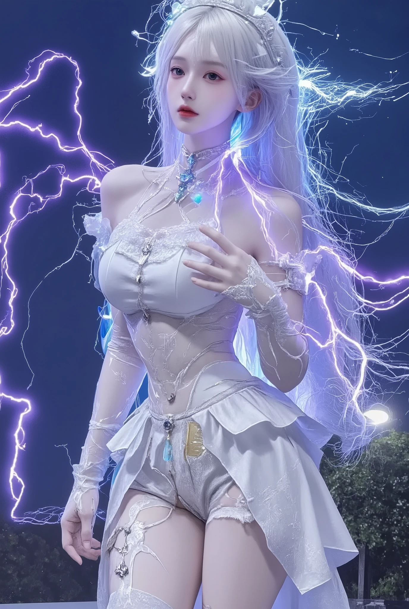 ultra-realistic, photorealistic, dramatic scene, shadow, global-illumination, solo, perfect anatomy, perfect fingers, (age Japanese famous idol girl but cyborg), very beautiful with very cute face, detailed face skin texture, (modern maid but futuristic cyborg), intricated complex cyber punk mechanical neon cyber cyborg body, (her cyborg body is fully covered with extremely detailed futuristic mechanical armored suits), absolutely complex futuristic cyborg bodysuits, neon markers are integrated in her body, head gear, (very large breasts), slim waist, she stands atop a high-voltage transmission tower with balancing effortlessly on an insulator, purple arcs of electricity shoot out in all directions from her body, creating a dazzling display of power and energy against the night sky, blue and cyan, dynamic angle,