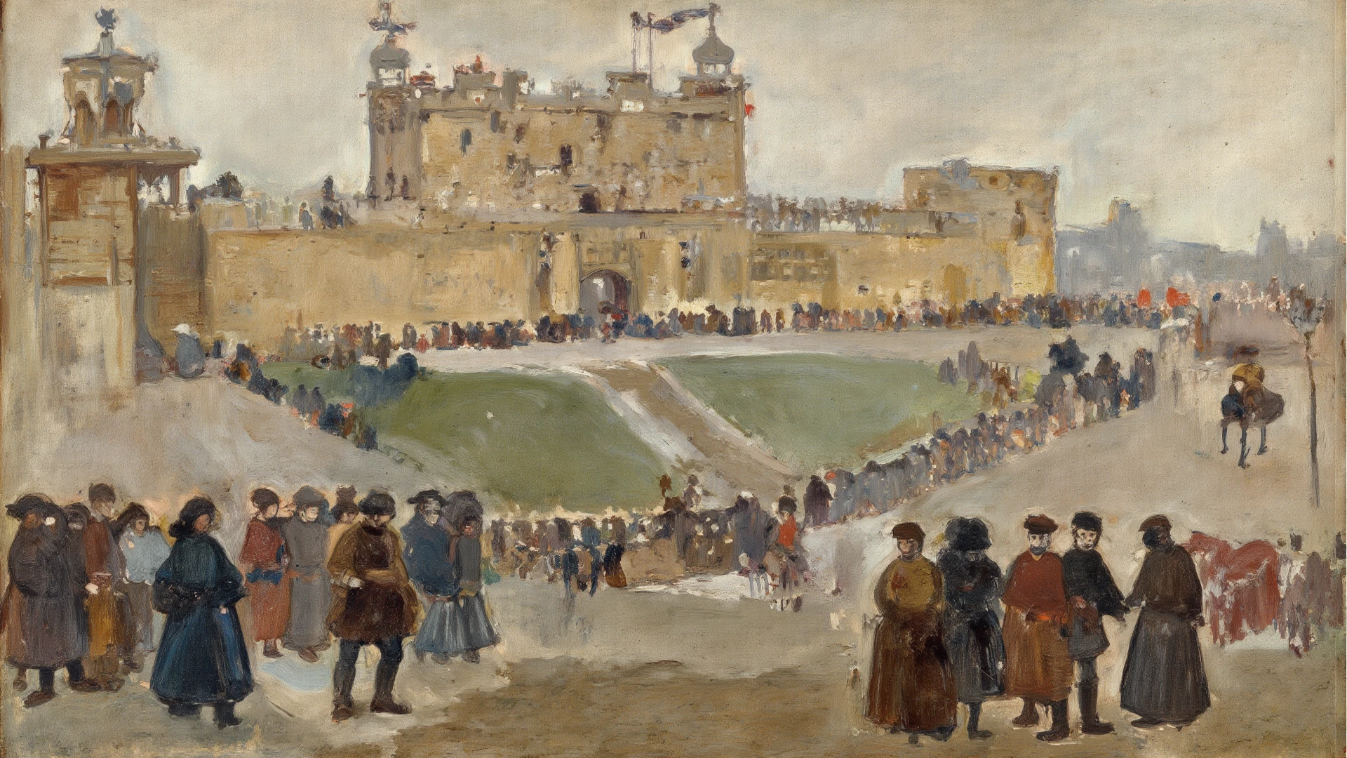 painting of a group of people standing on a beach next to a river, inspired by Richard Parkes Bonington, author:Richard Parkes Bonnington, author:William Turner(William Turner),Oxford, jmw turner, joseph mallord william turner, inspired by Samuel Prout, Beach scene, author:Samuel Prout, italian beach scene, turner whimsical, inspired by Francesco Guardi,In the background, the city building looms in the distance, On the horizon,Notre-Dame de Midview,French architecture that gradually closes the perspective,A twelve-arch bridge spans both banks,There are many boats docked on both sides of the river,In the foreground, a group of people stand by the river,guangjiao
