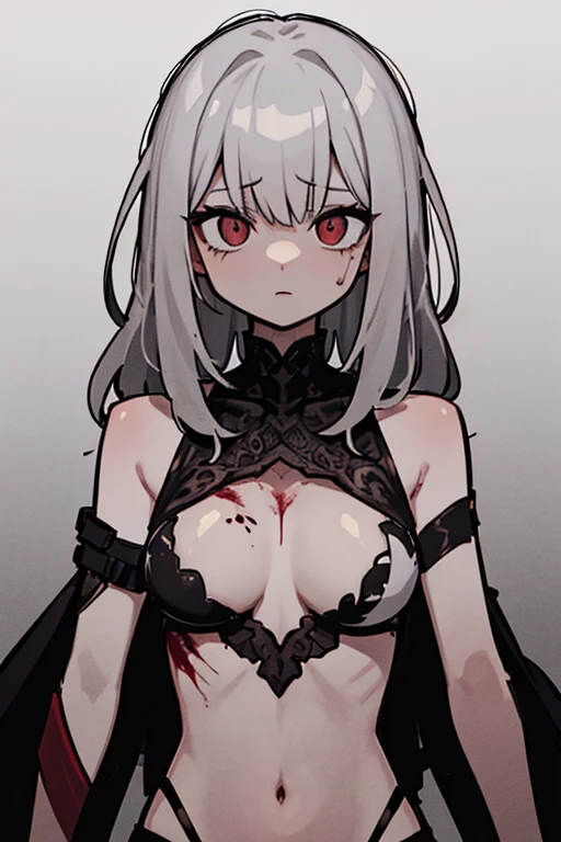 Best Quality, (Masterpiece:1.2), High Detailed, Cat Ears, 1girl, solo, tojo koneko, looking at the viewer, closed mouth, light smile, red eyes, white hair, short hair, hair decoration, cleavage, black neckband, erotica, sleeveless, (close-up), bare legs, (((bloody, scared, blood))), healthy skin, ((bra)), ((punished, punishment, pain)), (prison cell), (nsfw)