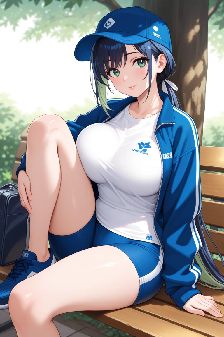 masterpiece , best quality , amazing quality , very aesthetic , absurdres , newest , scenery ,solo_focus,looking_at_viewer,smile,closed_eyes,(1girl:1.2),(genderswap_(mtf):1.1),Calem,calem_(pokemon),red_cap,sunglasses,sunglasses_on_head,black_hair,short_hair,(large_breasts:1.2),blue_jacket,blue_zip-up_jacket,blue_zip-up_jacket_with_white_stripes_on_the_arms_and_a_white_circle,blue pants,sitting,crossed_legs,hand_on_own_cap,hand_on_own_chest,dappled_sunlight,cafe,on_chair,flower,indoors,vulgarity,masterpiece , best quality , amazing quality , very aesthetic , absurdres ,newest,scenery,indoors,