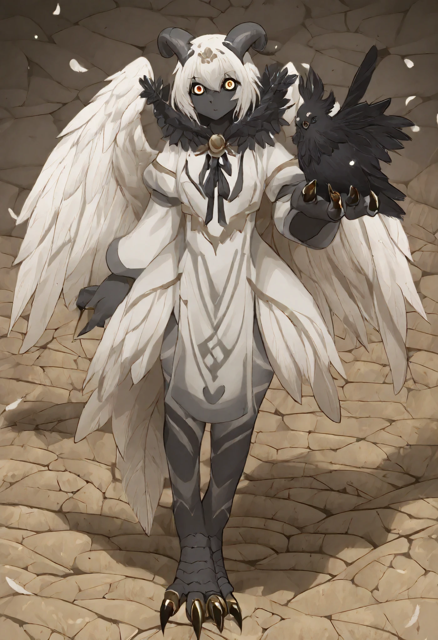 This female Furry character is a mystical and ritualistic creature, with a aesthetics that mix elements of a sacred bird, ancient spirit and heavenly being. Its presence is solemn and almost divine, evoking respect and fear. Physical characteristics (Furry female ) Species/Race: An anthropomorphic harpy with features of a snow owl and symbolic elements of a spiritual entity. It can also be described as a "hybrid heavenly fursona" between bird and divine creature. Pelagem/Penas: Predominantly white and very soft. As asas, the body and tail are completely covered by thin and dense feathers, with a silky and heavenly appearance. Cor da Pele (where visible ): A pele sob as penas (as between the fingers In the eyes) appears to be light or pale greyish. Rosto: The face has a smooth and oval shape, coberto por penas. The central part is marked by red tribal or magical symbols, symmetrically drawn. It has no visible eyes - there are only red marks in place of the eyes, suggesting spiritual blindness or arcane vision. Olhos (if interpreted visibly): Caso tenha olhos, would probably be without pupils, luminous and white or red, as if seeing planes. Chifres: It has a pair of long black horns, curved upwards like a sheep. They appear natural and are decorated with golden rings and red ribbons with runes. Cabelos/head feathers: No lugar de cabelo, there are longer and more decorative plumage, caindo pelos ombros. It is white with light golden tones at the ends. Orelhas: Not visible , probably hidden under the plumage. Asas: Huge wings of pure white feathers, with a majestic wingspan . One of the wings is raised in a ceremonial gesture. hands: hands antropomórficas com dedos finos, ending in dark claws, delicate but lethal . legs and feet: Pernas de ave, covered by feathers up to the knees. Abaixo, become bird's feet with three toes in front and one behind, com garras afiadas.