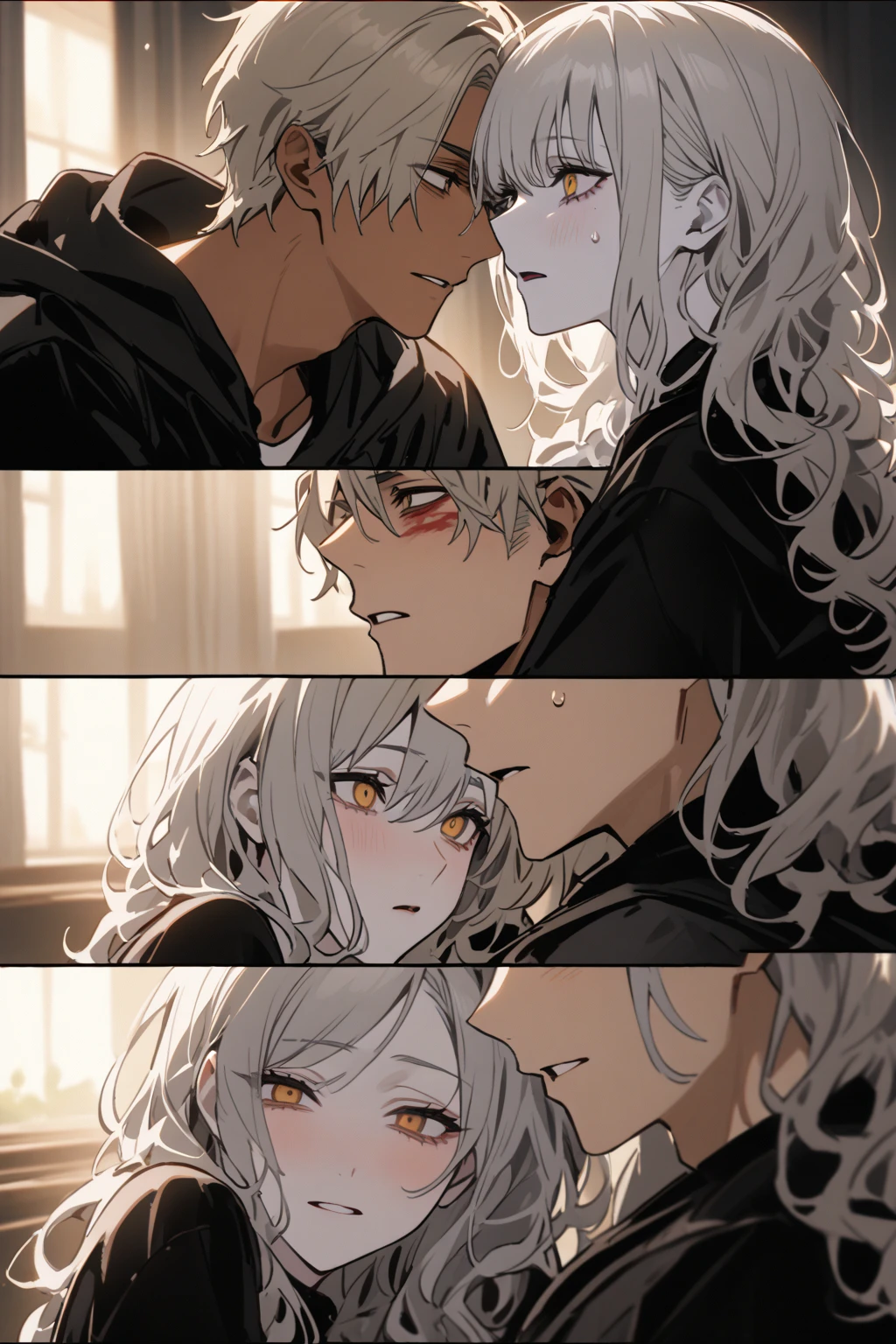 Two beautiful young men, one with White long hair and yellow eyes, the other with short golden hair and orange eyes, just before touching chins and kissing, one shy, one looking confident,high quality, amount of drawing, pixiv illustration