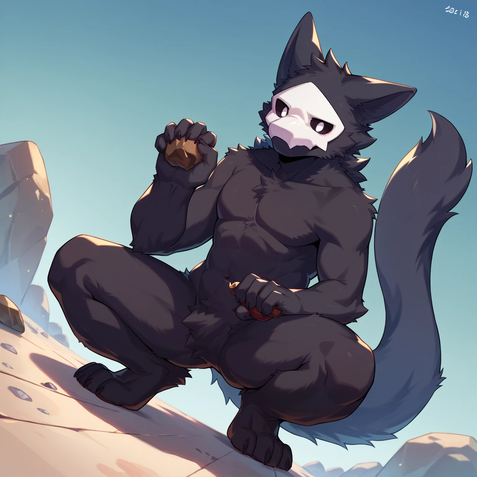 Artwork by seibear,feral werewolf,black fur,horns,skull mask, male,solo, sexy,seductive,balls,sheath,beautifull eyes,foot focus,foot pawpads,heat place,